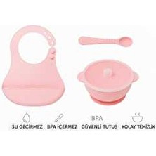CKM Silikon 3'lü Pembe Silikon Bebek Mama Seti Vakumlu Sızdırmaz Kase, Kaşık ve Önlük Kolay Temizlenebilir