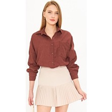 Armonika Kadın Kahve Cepli Oversize Ince Fitilli Kadife Gömlek ARM-24K001076