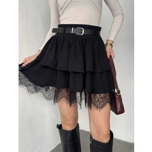 Asfa Moda Kadın Siyah Dantel Detaylı Fırfırlı Mini Etek Kemerli