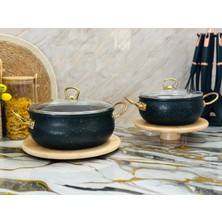 Protef 4 Parça Granit Kaplama Tencere Seti Siyah – Gold Kulplu | 20 cm & 24 cm Cam Kapaklı