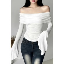 İsra Ayyıldız Moonstar Collection Beyaz Madonna Yaka Ispanyol Kol Y2K Uzun Kollu Crop Bluz