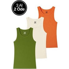 Rich Kadın 3'lü Paket Turuncu-Krem-Yeşil Sıfır Kol Kaşkorse Body - Bisiklet Yaka %100 Pamuk Atlet Bluz