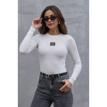 Qscob Kadın Siyah Fitilli Bisiklet Yaka Uzun Kollu Nakış Detaylı Body Bluz