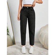 Herton Yüksel Bel Mom Jean Siyah Kadın Pantolon