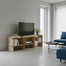 Kut Tasarım Tv Ünitesi Salon, Oturma Odası, Modüler, Doğal, Ahşap 4 Gözlü Ünite Kontrplak Ahşap