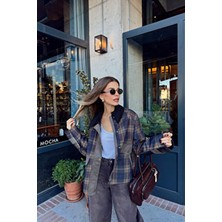 Sue Store Haki Lacivert Ekoseli Astarlı Kadife Yaka Ceket