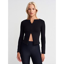 Dilvin Çift Fermuarlı Siyah Kadın Bluz Uzun Kol Bisiklet Yaka Slim Fit Pamuk Malzemeden