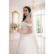 Gold Moda El İşlemeli Kristal Boncuklu  Düz Duvak (75 cm)