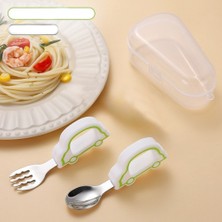 Jojobebek Yeşil Figürlü Premium Çocuk Bpa'sız Silikon Saplı Paslanmaz Çelik Uçlu Çatal-Kaşık/saklama Kutusu