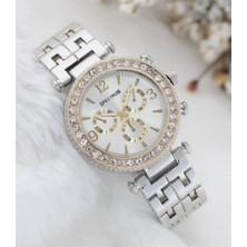 Tuncel Store Zarif ve Şık Özel Tasarım Zirkon Taşlı Metal Bayan Kol Saati (Gümüş-Gold)