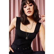 Kadın Siyah Kalın Askılı Yazlık Triko Bluz