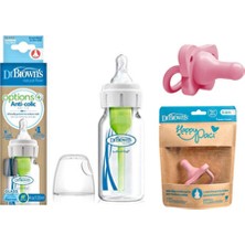 Dr. Brown's 120 ml Dar Ağızlı Cam Biberon Anti-Kolik Set ve 0-6 Ay Happy Paci Emzik
