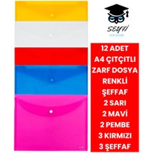 12 Adet A4 Çıtçıtlı Zarf Dosya Renkli Şeffaf 3 Şeffaf 3 Kırmızı 2 Sarı 2 Mavi 2 Pembe Kalın Mikron