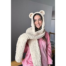 Buboi Knit Ayıcık Kulaklı Krem Renkli El Örgüsü Atkı Şapka Takımı Aksesuar Cinsiyet: Unisex