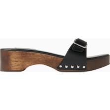 Nass Platza 40 Siyah Nappa Deri Ahşap Tabanlı, Stud Detaylı Clog