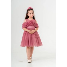 Eray Kids Kız Çocuk Gül Detaylı Tokalı Kabarık Doğum Günü Özel Gün Elbisesi