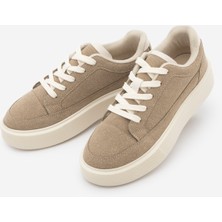 Marjin Kadın Sneaker Bağcıklı Kalın Taban Spor Ayakkabı Domen Bej Süet