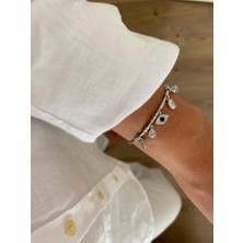 Marsel Nazar Siyah Göz ve Yıldız Figür Zirkon Taş Charm Ayarlanabilir Açık Silver Bileklik