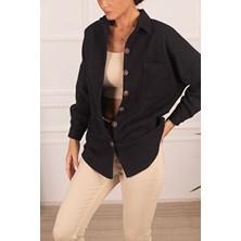 Armonika Kadın Koyu Lacivert Oversize Kaşe Cepli Gömlek ARM-22Y001156