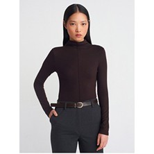 Dilvin 31391 Dik Yaka Uzun Kollu Top-Kahve M.