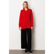 Mutlu Ertan Kadın Gömlek Yaka Fermuarlı Cep Detaylı Triko Hırka Kırmızı 20240