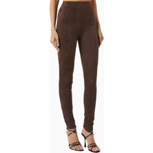 Maniere De Voir High-Waisted Leggings, Koyu Kahverengi Faux Suede, Yüksek Bel Lüks Tayt