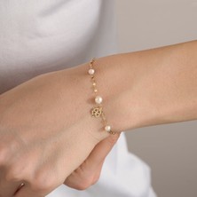 Gold Marley 14 Ayar Inci Detaylı Yonca Figürlü Altın Bileklik