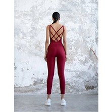 Tükato Dar Kesim Çapraz Bant Bordo Yoga Pilates Tulumu Spor Tayt Sırt Dekolteli