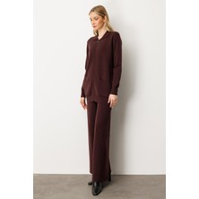 Mutlu Ertan Kadın Gömlek Yaka Fermuarlı Cep Detaylı Triko Hırka Vino 20240