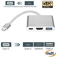 Blue Wings 3'in 1 Type-C To HDMI 4K Dönüştürücü Adaptör Metal 0,20 cm Uzunluk