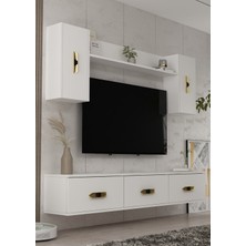 Cantek Dizayn 1364TV180-32CT Duvara Montaj Tv Sehpası, Tv Ünitesi Beyaz-Altın-Siyah