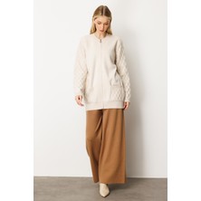 Mutlu Ertan Kadın Cep ve Kol Desenli Triko Hırka Taş 20239