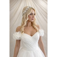 Gold Moda Çiçekli Gelin Tacı | Gelin Saç Aksesuarı | İnci Kristal Çiçekli ve Simli Taç