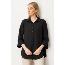 Mutlu Ertan Kadın Simli Çizgili Gömlek Siyah 30385