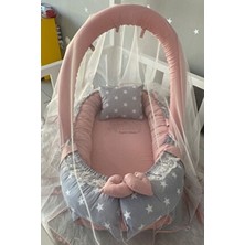 Jaju Baby Gri Yıldızlı Pudra Cibinlik ve Oyuncak Askılı Tasarım Yatak Tekerleksiz Konforlu Kullanım