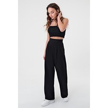 Hazel Kadın Siyah Yüksek Bel Cırtlı Palazzo Pantolon