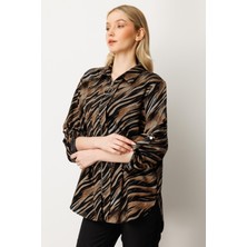 Mutlu Ertan Kadın Desenli Fermuarlı Gömlek Siyah - Kahve 30424