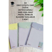 A4 Dikey Çıtçıtlı Zarf Dosya Üstten Kapaklı Sarı-Yeşil-Mavi Pastel Renk Klasöre Takılabilir 3 Adet
