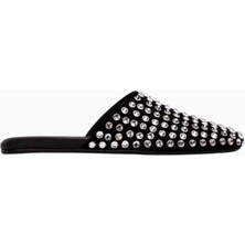 Black Suede Studio Shiloh Siyah Süet Slip-On Mule Kristal Işlemeli Özel Tasarım, Günlük ve Şık Konforlu Terlik