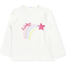 Bubuga Kız Çocuk %100 Pamuk Ekru Renk Rainbow Baskılı Uzun Kol Tshirt