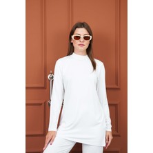 Penye Bizden Viskon Dik Yaka Tunik -Beyaz