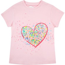 Bubuga Kız Çocuk %100 Pamuk Kısa Kol T-Shirt Pembe Günlük Stil Kalp Baskılı