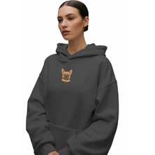Muhtar Store French Bulldog Baskılı Antrasit Kadın Hoodie – Oversize Kapüşonlu Sweatshirt