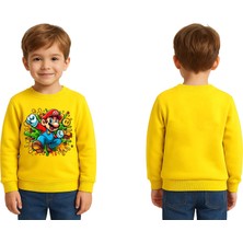 Sedirli Unisex Super Marıo Baskılı Çocuk Swaetshirt 3 Iplik Şardonlu