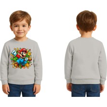 Sedirli Unisex Super Marıo Baskılı Çocuk Swaetshirt 3 Iplik Şardonlu