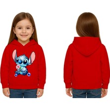 Sedirli Unisex Stitch Baskılı Çocuk Swaetshirt Baskılı Kapüşonlu 3 Iplik Şardonlu