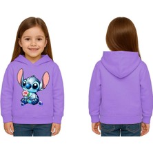 Sedirli Unisex Stitch Baskılı Çocuk Swaetshirt Baskılı Kapüşonlu 3 Iplik Şardonlu