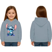 Sedirli Unisex Stitch Baskılı Çocuk Swaetshirt Baskılı Kapüşonlu 3 Iplik Şardonlu