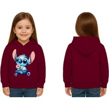 Sedirli Unisex Stitch Baskılı Çocuk Swaetshirt Baskılı Kapüşonlu 3 Iplik Şardonlu