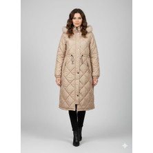 Kmk Kombin Kadın Su Geçirmez Uzun Kürklü Kapüşonlu Belden Büzgülü Kapitone Mont Kaban